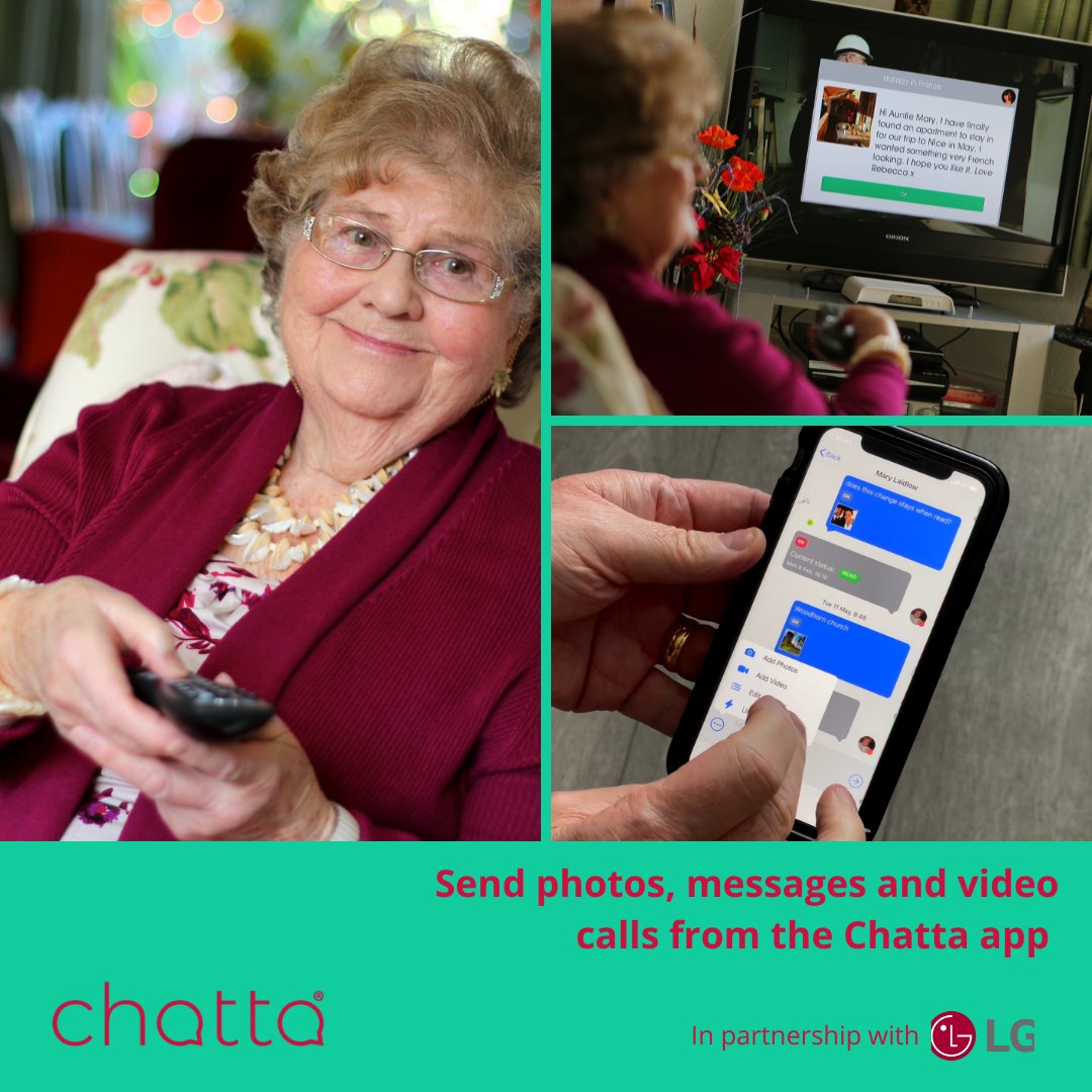 Chatta TV is the easiest way to stay in touch with elderly relatives. Calls and messages appear over the TV show they are watching so they won't be missed. Our mission is to combat isolation and loneliness by connecting generations. 
#mentalheatlh #agetech #elderlycare #gerontech