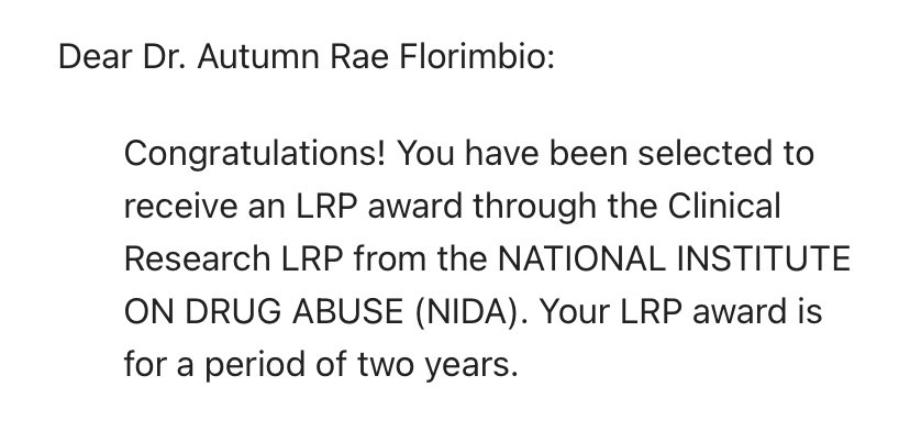 Woke up today to wonderful news! I am beyond grateful to receive my first @NIH_LRP award from @NIDAnews!Special shoutout to @erinbphd and Maureen Walton for their support and guidance with this application. What a great way to start the week! #NIHLRP #NIDA @AcademicChatter