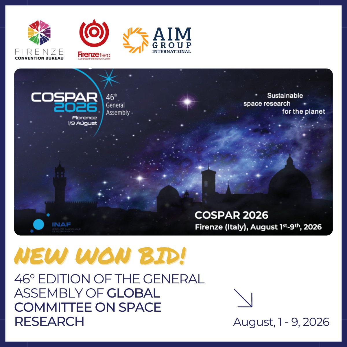 46th COSPAR General Assembly: 1-9 Aug 2026.
Thanks to a big teamwork between <a href="/CosparHQ/">COSPAR</a>, @df_cvb, <a href="/firenze_fiera/">Firenze Fiera</a>, <a href="/mediainaf/">MEDIA INAF</a>, <a href="/UNI_FIRENZE/">Università di Firenze</a> and our Group, the bid was successfully developed and 3,000+ delegates are expected to attend this renowned event bit.ly/3vulKKa