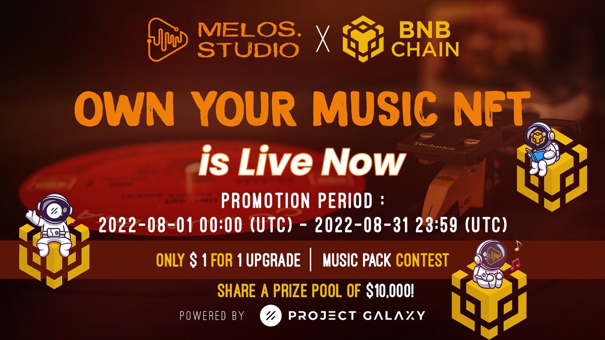 "Own Your #MusicNFT" Campaign is LIVE!

In celebration of the launch of Sonus, Melos is teaming up with <a href="/BNBCHAIN/">BNB Chain</a> to launch a special promotion.

Stand a chance to share rewards from a prize pool of $10,000 BUSD!

Don’t own a PFP NFT yet? Don’t worry. We’ve got you covered.