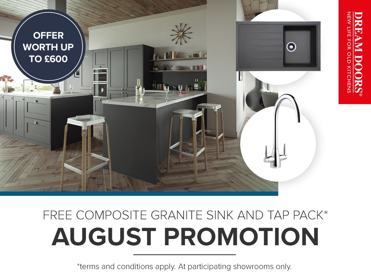 We're giving away a gorgeous Granite Sink and sleek Twin Lever Tap combo worth up to £600 when you book a Dream Doors Kitchen Makeover throughout August! Visit our website for more: bit.ly/3Q70jGL *T&C’s Apply #specialoffer #newkitchen #homeimprovement #kitchenreno