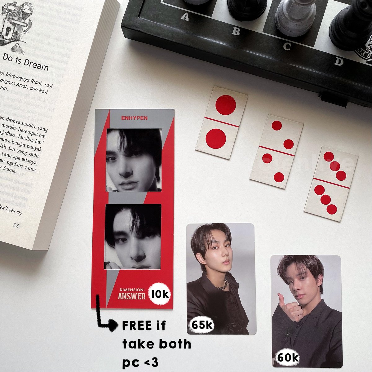 wts // want to sell ina [help rt/like, thank u]

✧ jungwon selca no = 65k
✧ jake selca no = 60k
✧ jake bookmark no = 10k ; free if take set

— free packing ; keep event with dp
— bisa 🍊, 🍏 ; udah gratong
— condi by dm
📍dom manado

t. pc album da dimension answer