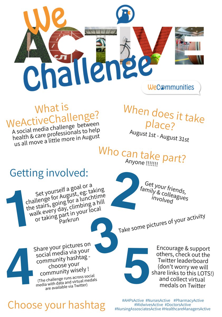Have you seen and shared the WeActiveChallenge poster? wecommunities.org/downloads/WAC2… ⬆️ Download and share from here ⬆️ Remember, it's easy to take part: 1️⃣ Be a bit more active in August 2️⃣ Tweet a pic using #AHPsActive Inspiring us all to be active, healthy and happy :)