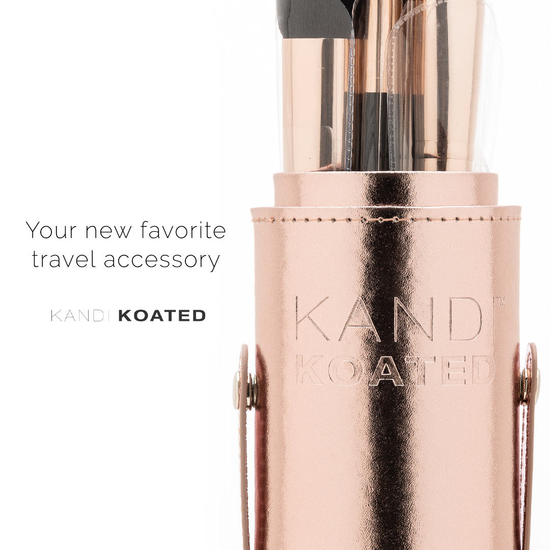 Our makeup brushes come in a rose gold carrying case that's PERFECT for travel! What makeup item do you always bring with you when you're going places?