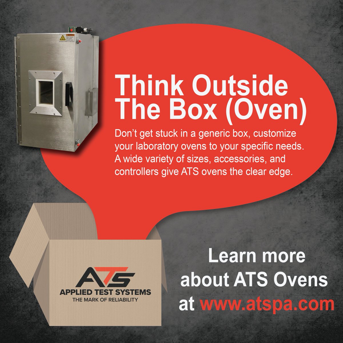 AppliedTest's tweet image. Think Outside the Box (Oven). Don’t get stuck in a generic box, customize your laboratory ovens to your specific needs. A wide variety of sizes, accessories, and controllers give ATS ovens the clear edge.
Visit atspa.com/ovens/ for more information.