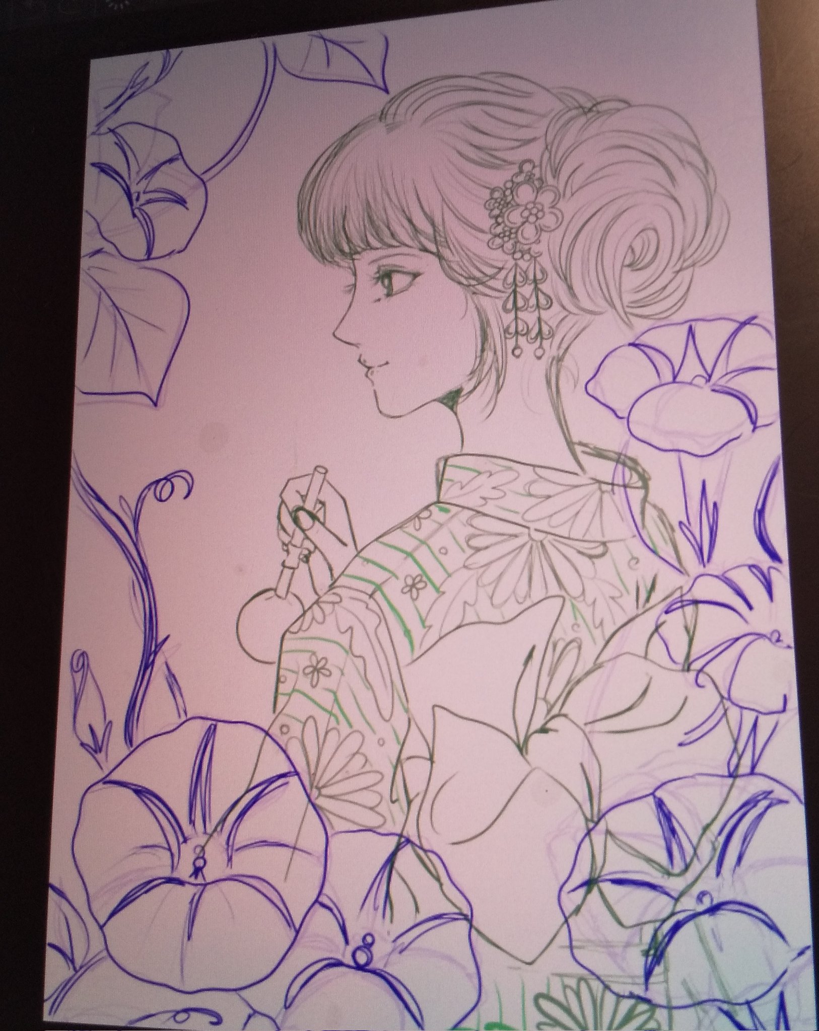 十彩 といろ ラフ画 朝顔と浴衣女子描いてます 流水模様ウザいかなぁ 迷う イラスト イラスト好きさんと繋がりたい ラフ画 T Co Jam1ugbwzq Twitter