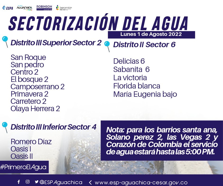ESPAguachica's tweet photo. #SectorizaciónDelAgua💧|conozca aquí los barrios y sectores a donde la @espaguachica estará suministrando el servicio del agua. #PrimeroElAgua
📍A continuación podrá visualizar  la sectorización del servicio de acueducto en el municipio de Aguachica-César.
https://t.co/Zc0auSKcRw https://t.co/S48PEFzCWY