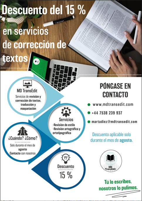 dieztranslate's tweet photo. MD TransEdit ofrece un 15 % de descuento en sus servicios de #revisión y #corrección de textos y #manuscritos. ¡No deje pasar esta #oportunidad, solamente es aplicable durante el mes de agosto! #escritores #novela #escritor #escritos #LecturaRecomendada https://t.co/tT2oM5KTv5