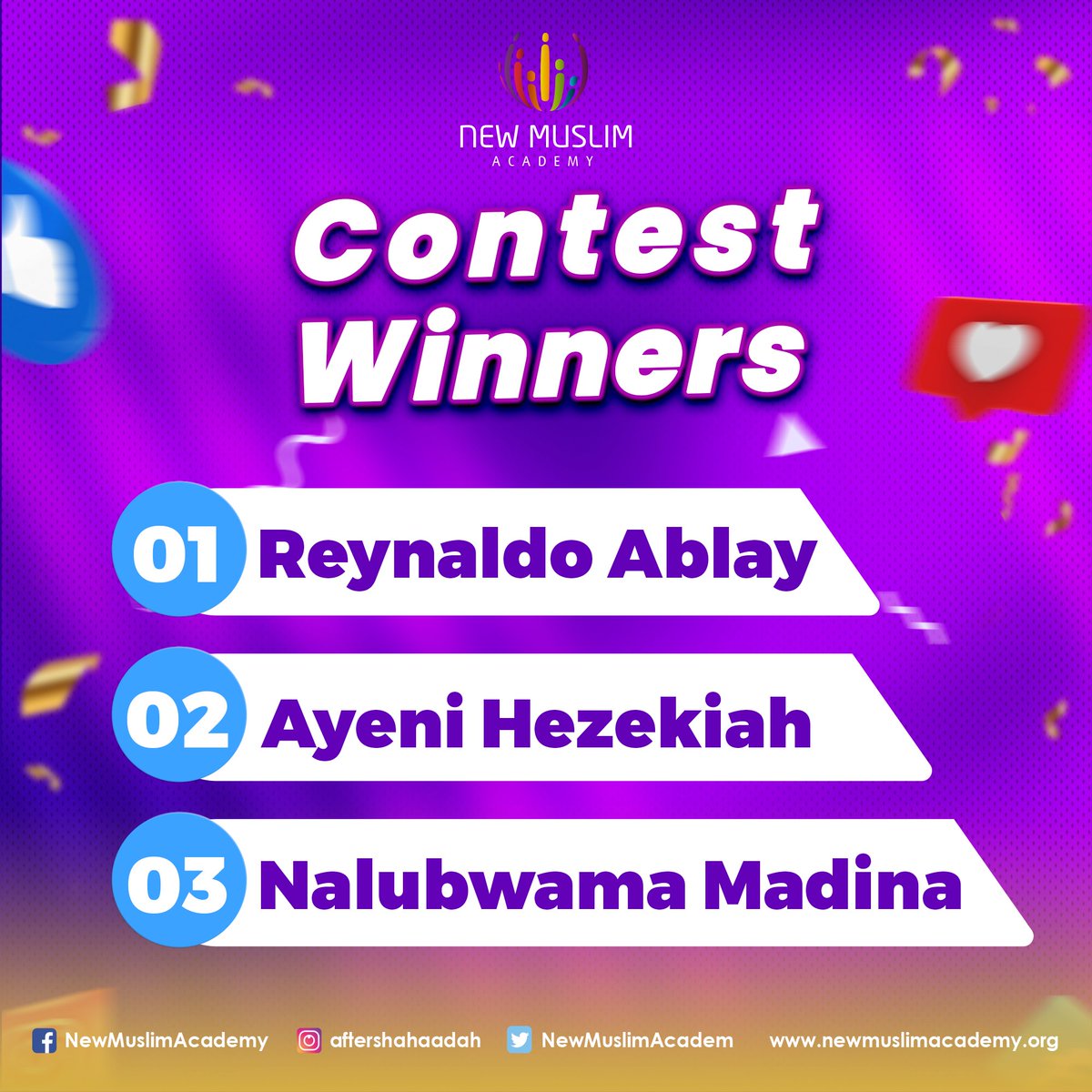 NewMuslimAcadem's tweet photo. π’ CONTEST WINNER ANNOUNCEMENT !
CONGRATULATIONS TO WINNERS!
To participate in more contest(s), register today: https://t.co/HnPvzShRgQ
_______________________________
#newtoislam #newmuslim #newmuslimacademy #winners https://t.co/ThrCgm9Wp5