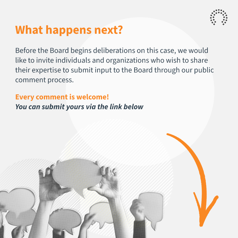 OversightBoard's tweet photo. 🔎 We want to hear from you on policy recommendations for one of our new cases.

Do Meta’s policies on Nudity and Sexual Solicitation sufficiently respect the rights of trans and non-binary users? 

Submit your public comment via the link below ↓