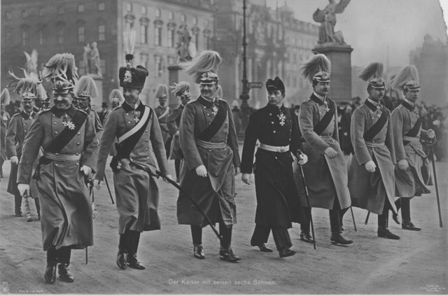 LaocoonofTroy's tweet photo. Kaiser Wilhelm II with his 6 sons, walking in a Berlin parade. Germany, New Year's Day, 1912. https://t.co/bdHziDXJE2