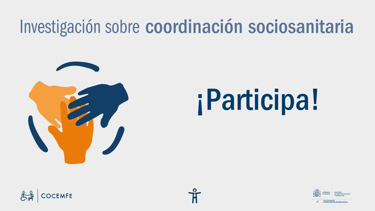 🔵 ¿Eres profesional sanitario o social?  
Desde NOMBRE ENTIDAD te animamos a participar en el estudio de <a href="/COCEMFEnacional/">COCEMFE</a> para conocer los factores condicionantes del desarrollo de la #CoordinacionSociosanitaria #investigaCOCEMFE  
es.surveymonkey.com/r/KJTR7R6