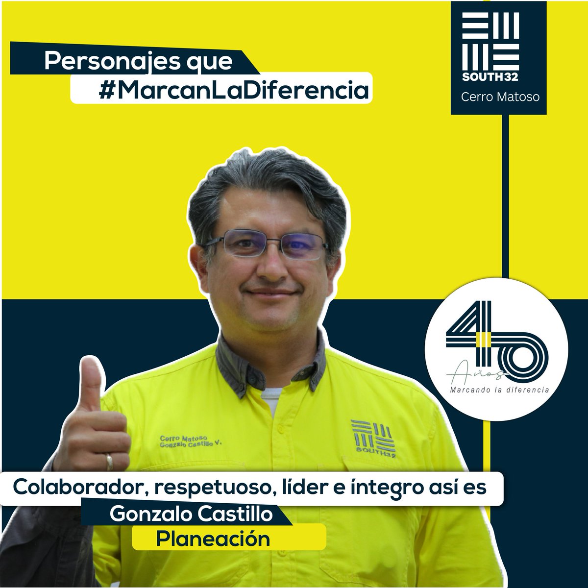 CerroMatosoSA's tweet photo. Gonzalo es otro de los personajes del  equipo #Matosero dispuestos a  #MarcarLaDiferencia. 🤍Gracias Gonzalo por acompañarnos a escribir estos 40 años de historia con tu  liderazgo y conocimiento.👷‍♂️ https://t.co/hSeeMunWxU