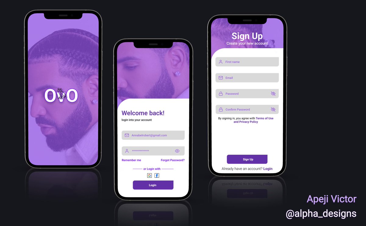 Alpha_DesignsUI's tweet photo. Mobile App - Sign up &amp; Login page (Drake Fans) 

#dailyui #uiux #uidesign #figma https://t.co/rWYHqzcTIr