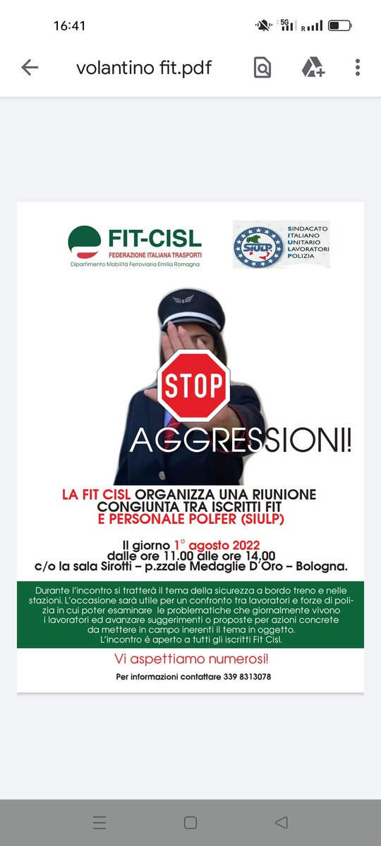AmedeoLandino's tweet photo. #Bologna #1agosto

#ASSEMBLEA CONGIUNTA

tra delegati @FitCisl ER e @SIULPBOLOGNA sulla tematica delle #AGGRESSIONI e la #SICUREZZA 
Campagna “#TRENOSICURO”.

Unire le sinergie per una piattaforma comune per dire #STOPAGGRESSIONI

@aldo_cosenza  @ManolaCavallaro @Cisl_ER https://t.co/ZjxfFVdGz2
