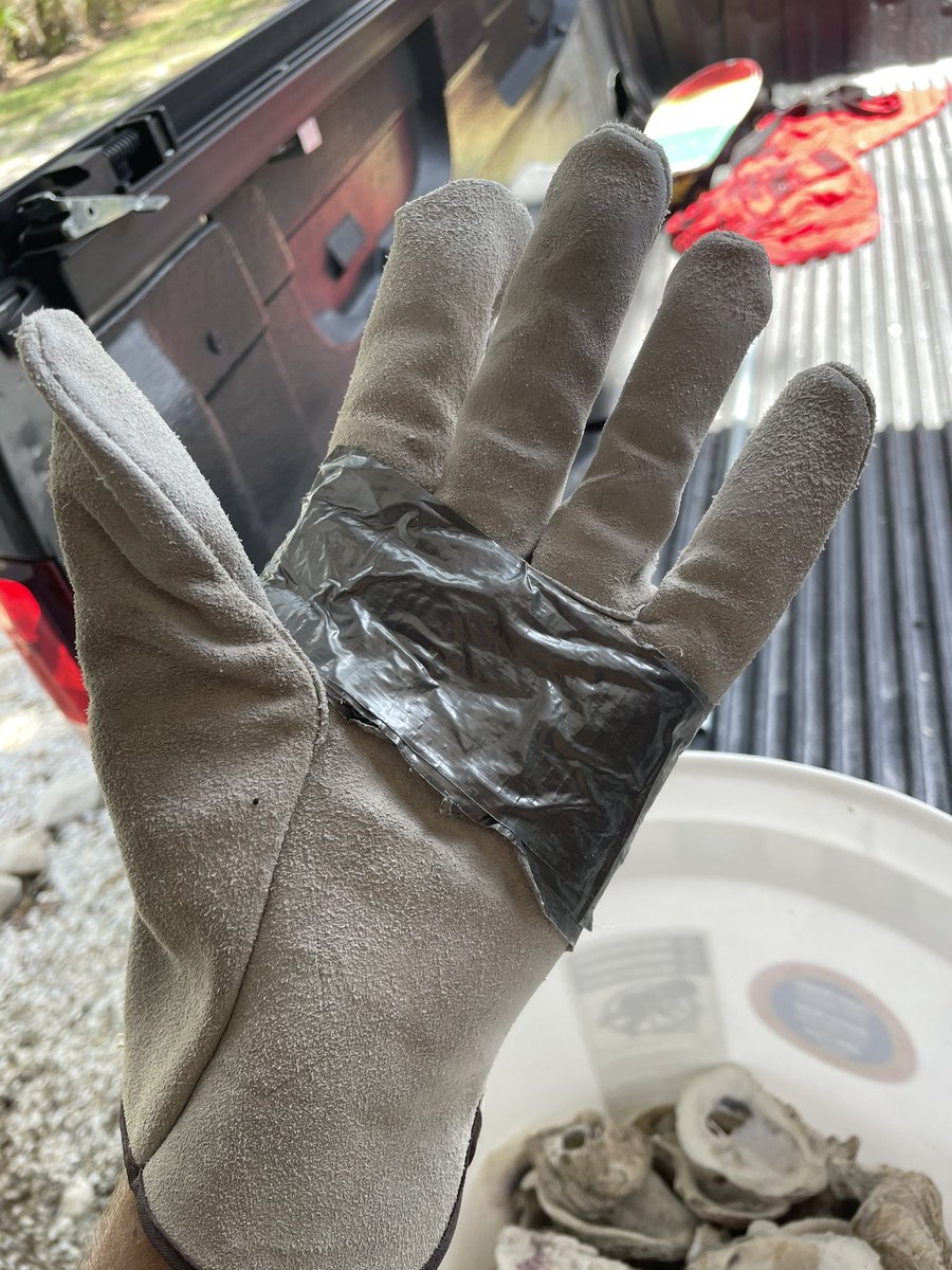oysterboys941's tweet photo. Being an Oyster Boy can come with some HEAT. Aside from the obvious dangers around drilling in general, these oyster shells can be sharp! 

Check out OB Vince’s glove after drilling today. https://t.co/aYku3DIFyV