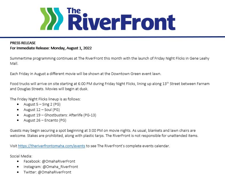 KristynaEngdahl's tweet image. This week we begin Friday Night Flicks in Gene Leahy Mall at #TheRiverFront!

We've got:
✔️ Your favorite movies
✔️ Food trucks
✔️ Plenty of space for all your friends

There's a different show every week! Find our full events calendar here: theriverfrontomaha.com/events/#calend…
