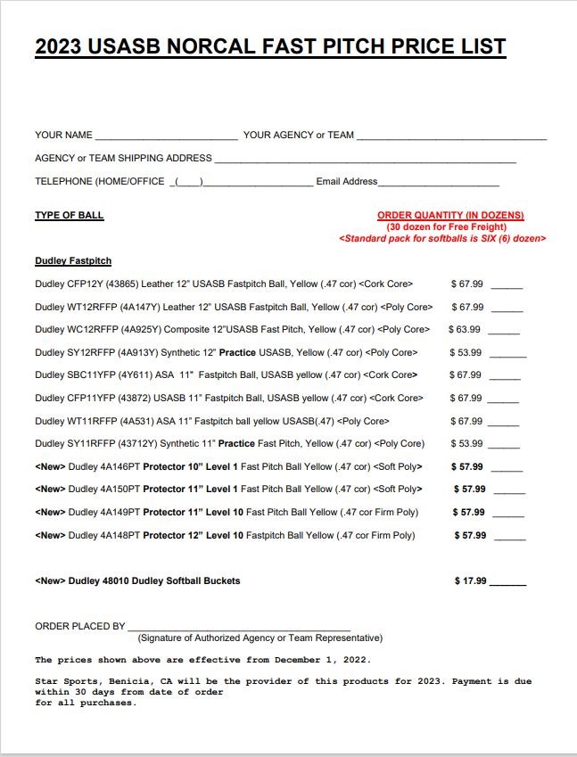 NorCal_USA's tweet photo. Dudley's 2023 softball prices.  Save $5 a dozen if shipped before 12/1/22. https://t.co/mycPZJTC8O