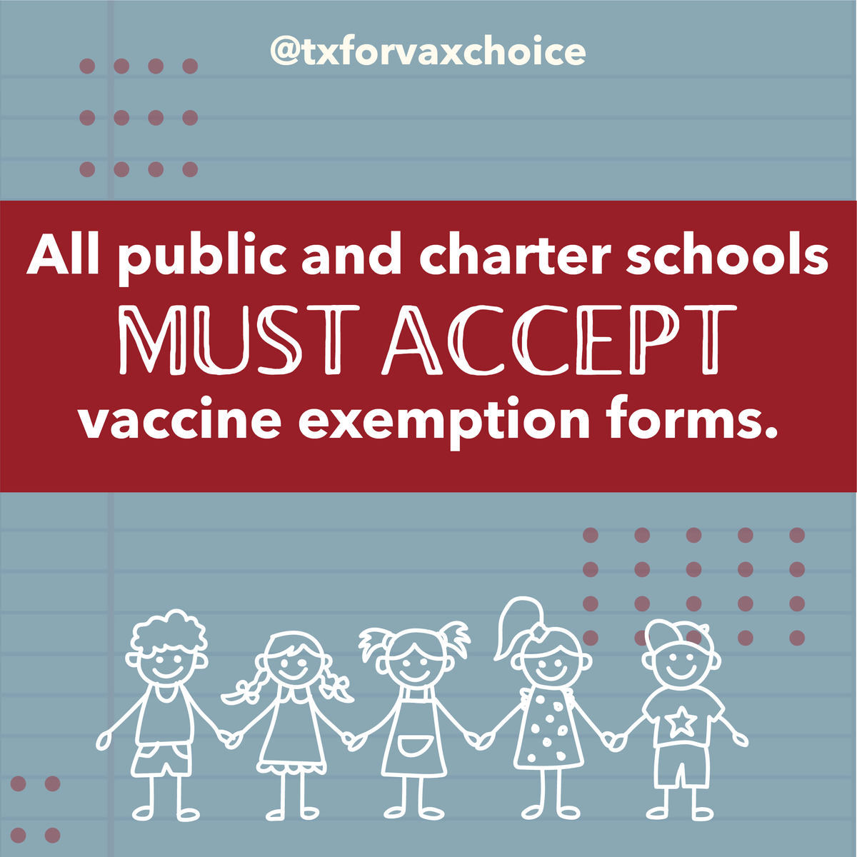 TXforVaxChoice's tweet photo. 💉Know your #medicalfreedom rights
Get the exemption info👉https://t.co/IevqwEPbCl
#texanscalltheshots #parentscalltheshots #coercionisnotconsent #medicalliberty https://t.co/55WeM4ce7y