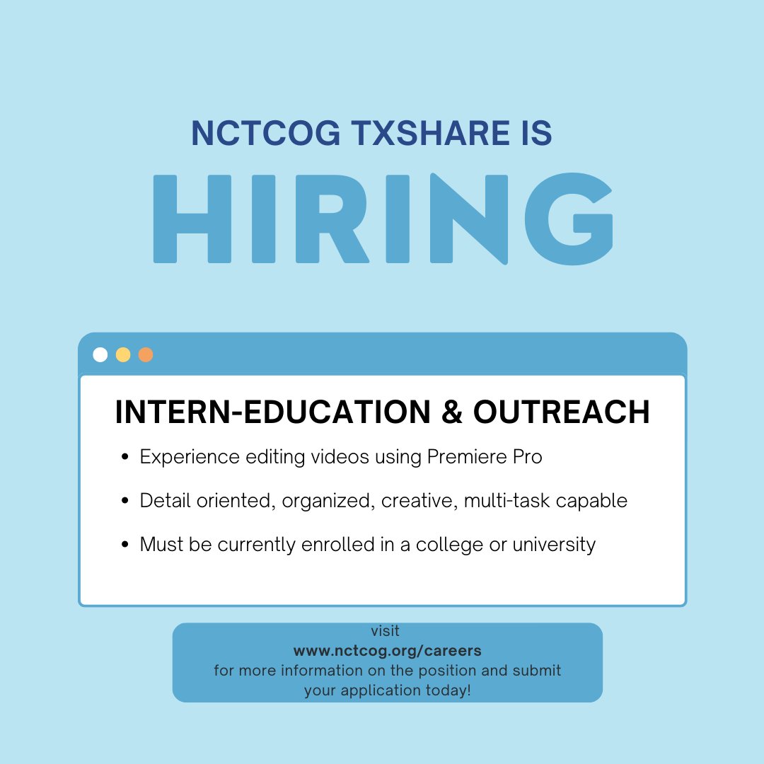 We're hiring! Check out our recent job positing, head over to our website for more info🖥 🖱jobs.silkroad.com/NCTCOG/Careers #hiring #nctcog #txshare #internshipopportunity #arlingtontx