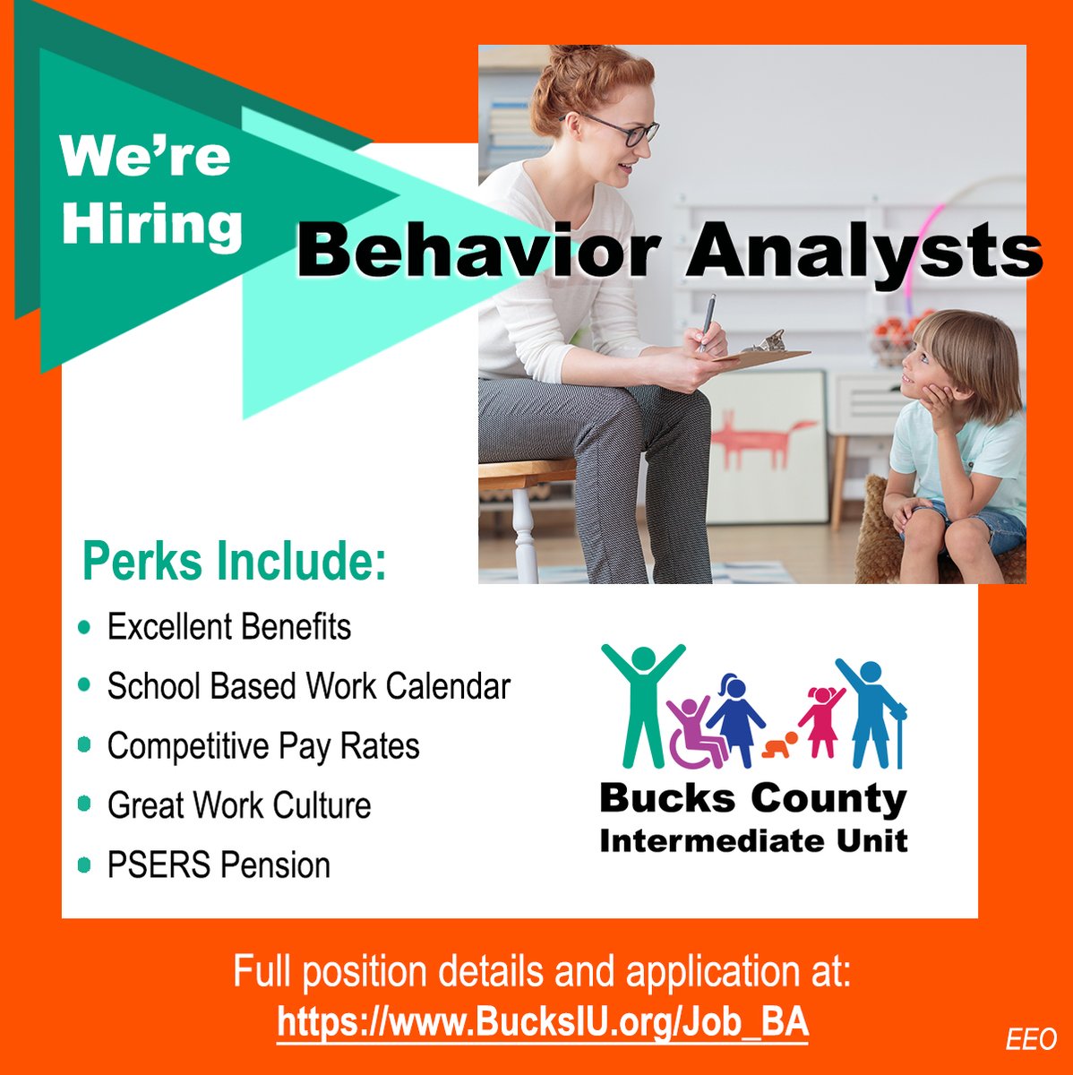 Bucks IU BEHAVIOR ANALYSTS implement evidence-based practices to address complex learning and the behavioral needs of our students throughout Bucks County. Put your expertise and knowledge to use in a rewarding career position with us! Apply now at: BucksIU.org/Job_BA