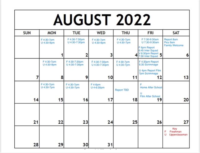 Parents, guardians, and friends here is our August Football Calendar!!! Please make sure your athlete arrives, at the field house, 1 hour early!!!