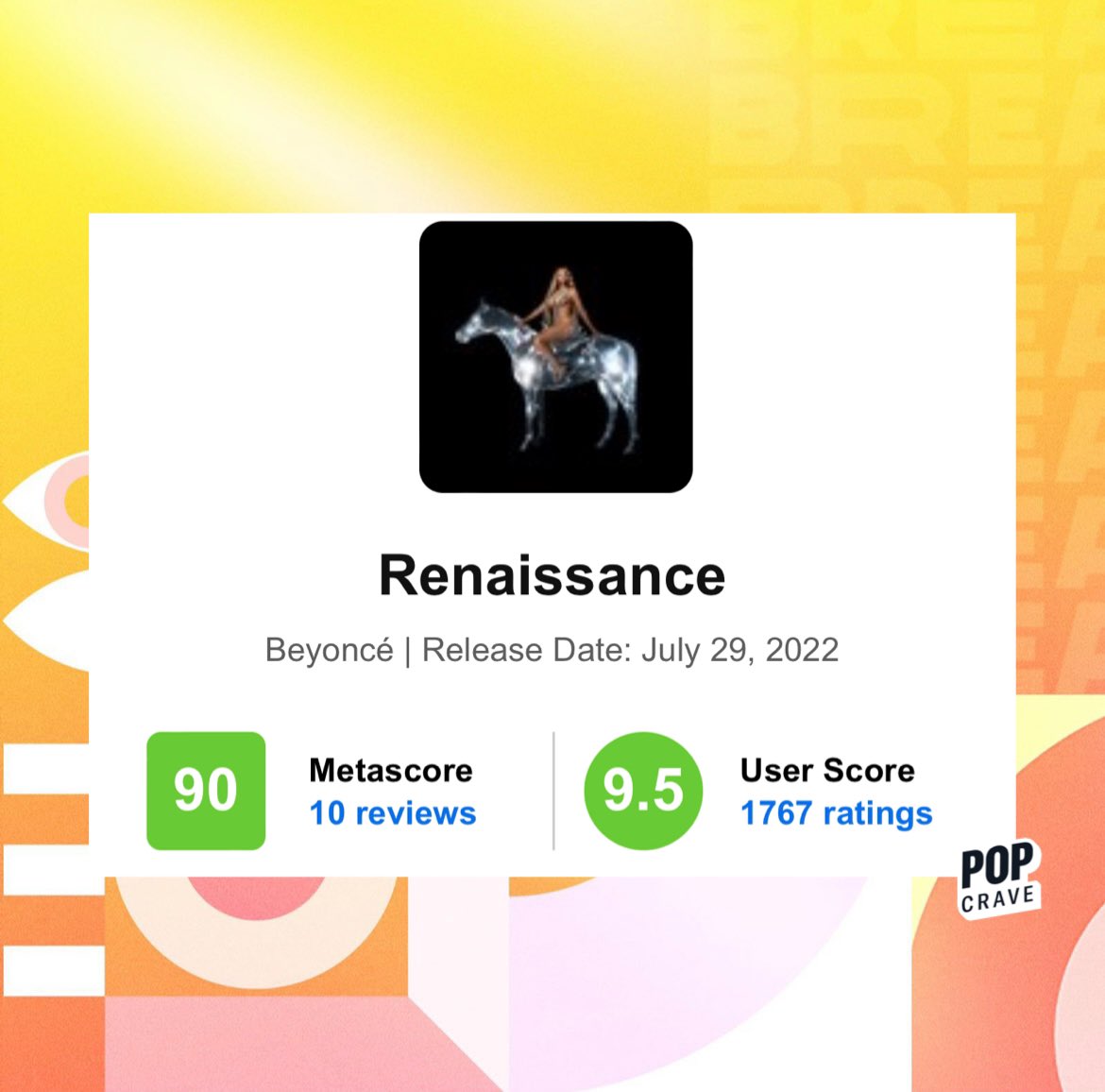 Pop Crave on Twitter "Beyoncé’s RENAISSANCE rises to an excellent score of 90 on Metacritic