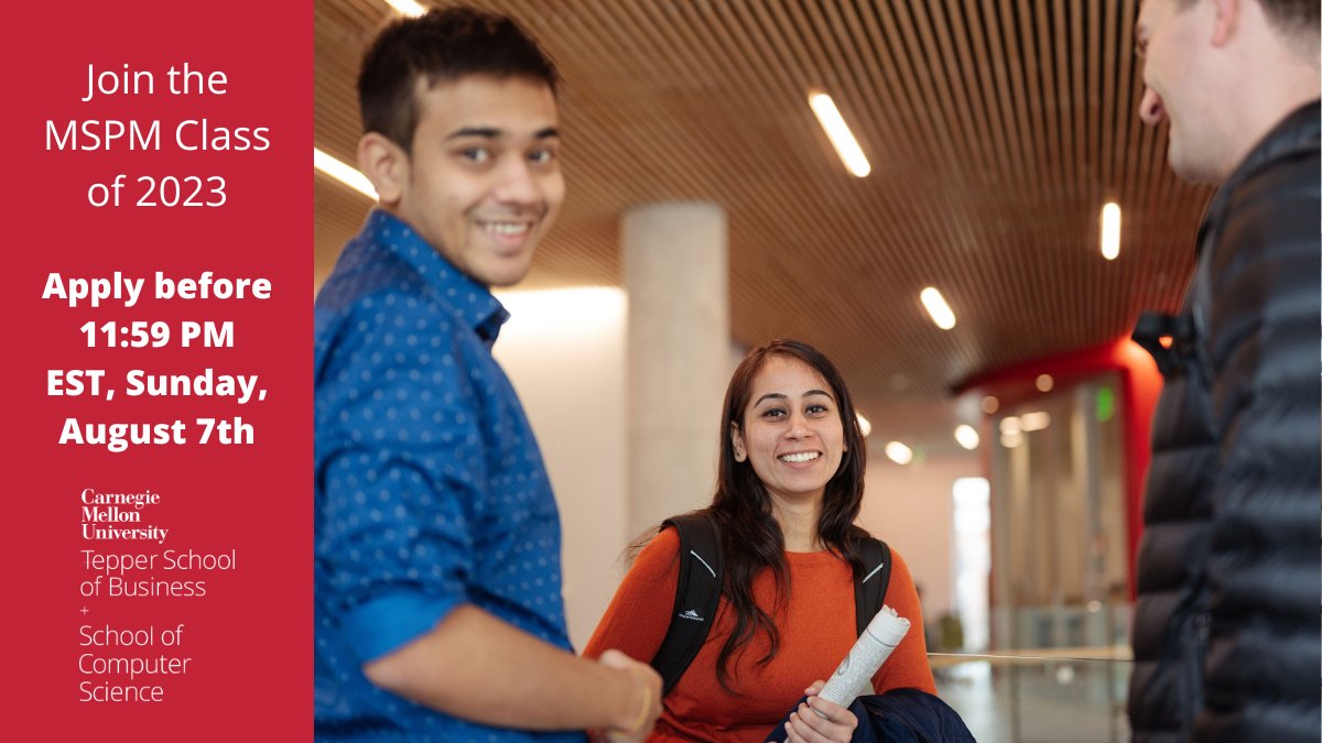 teppercmu's tweet photo. Launch your product management career with one focused year of study in CMU Tepper’s innovative MSPM program.
Apply by 11:59 PM EST this Sunday, 8/7, to join the Class of 2023.
https://t.co/usKbp605ON
#productmanagement #productmanagerjobs #pmschool #mspm #applynow https://t.co/ETZ1qwwMxp
