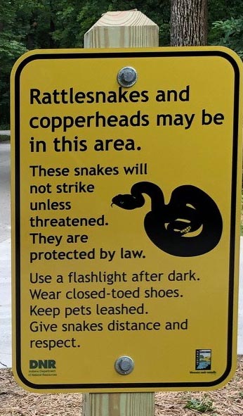 Watch for timber rattlesnakes sign in Brown County State Park
