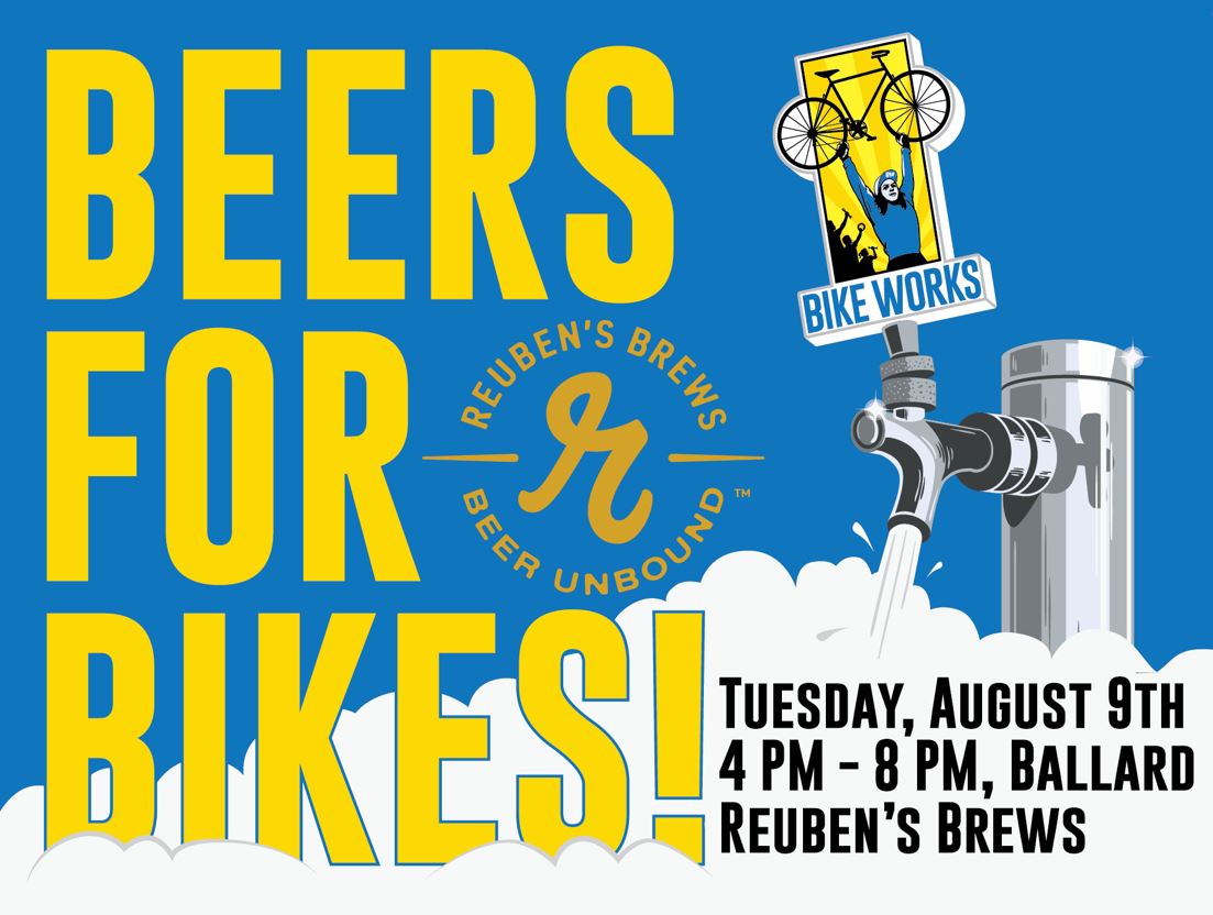 bikeworks206's tweet photo. Drink a beer for Bike Works! On 8/9, @Reubensbrews will donate $1 of every pint/taster tray/6-pack to us all day. We'll be there from 4-8PM with games, swag, &amp; info. They'll also host a bike drive from 8/7-8/9, so bring by your donations. See you there! #seabikes #beersforbikes https://t.co/SW4WnbhRBI