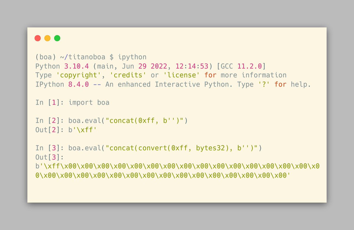 big_tech_sux's tweet photo. added an eval function to titanoboa so you can quickly see what a given vyper expression does - no need to spin up an entire contract to check small pieces of behavior! https://t.co/cSxkvY49bN