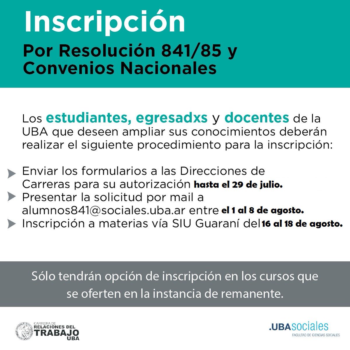 ALUMNES DE OTRAS FACULTADES Y DE ESTA CASA DE ESTUDIOS QUE DESEEN CURSAR MATERIAS POR RESOLUCIÓN 841/85 
Mayor información en buff.ly/3PSPZlX
