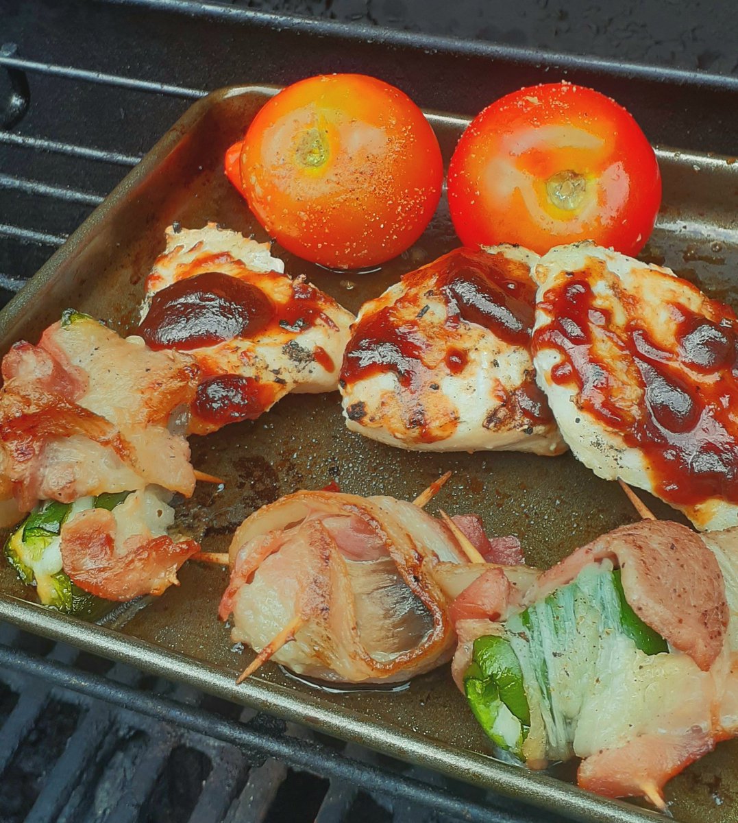 Luncheon for Two 💞
Grilling up some Johnsonville 🌭
Wrapped Mushrooms and Baccon, 
with Jalapeno and Tomatoes. 🌶
Enjoy yourself,
   a wonderful afternoon folks 😀