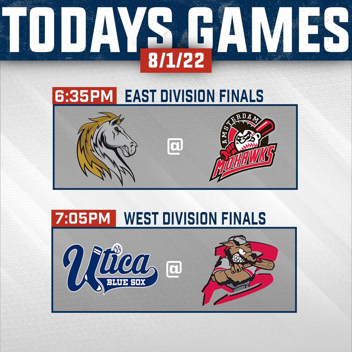 PGCBLbaseball's tweet photo. Round 2 is here! East and West division finals tonight, winner will play for the PGCBL championship. Watch/listen to todays games here:
Live Action Page: https://t.co/noPKmM3Dtv
Pointstreak West: https://t.co/ciL7AjC589
Pointstreak East: https://t.co/Rf0y1IOUqS
#PGCBL #matchups https://t.co/4ocvO8zzSV