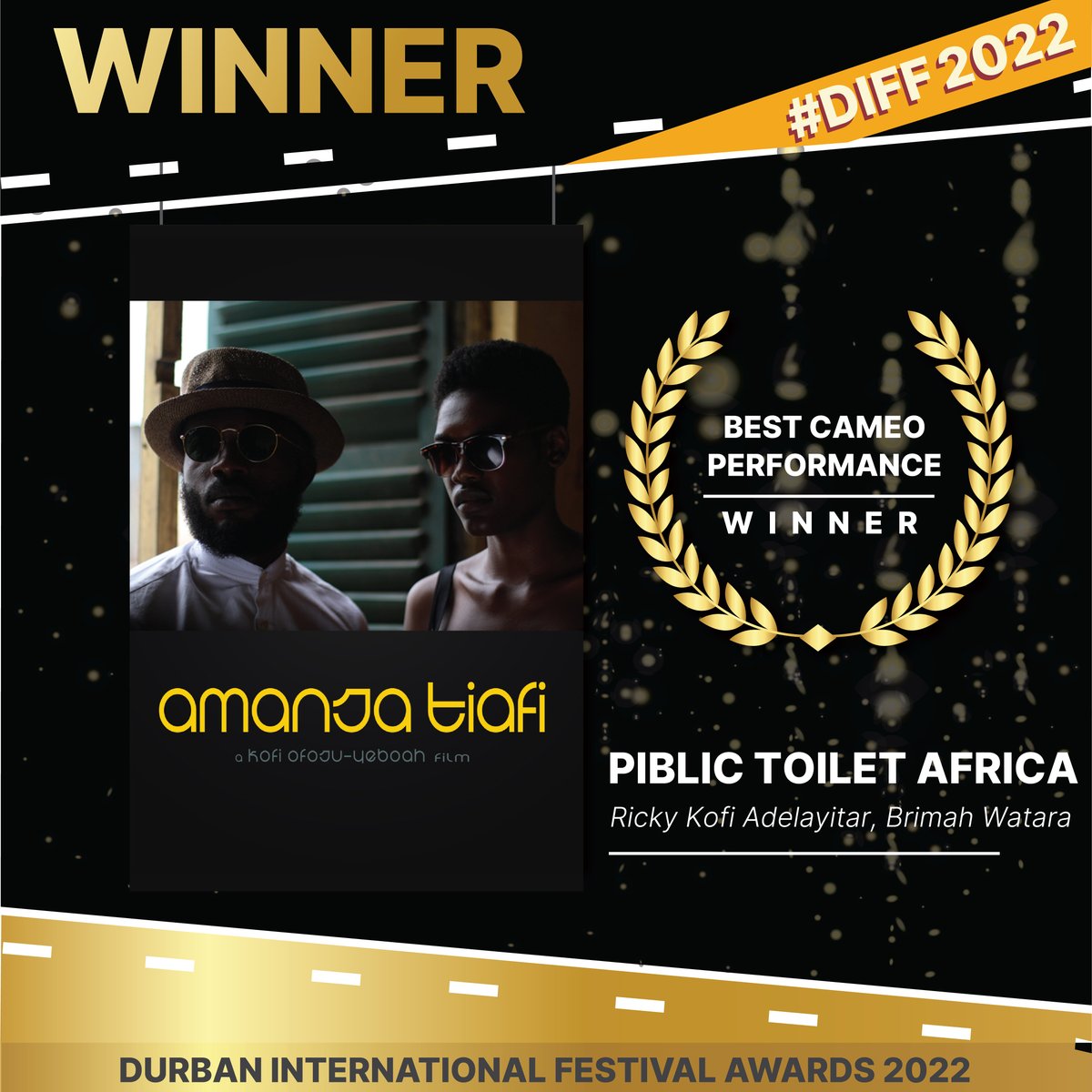 DIFFest's tweet photo. The Award for Best Cameo Performer goes to the duo Ricky Kofi Adelayitar & Brimah Watara for their role in Public Toilet Africa #DIFF2022 #DIFFAWARDS https://t.co/GRcerCKcp6