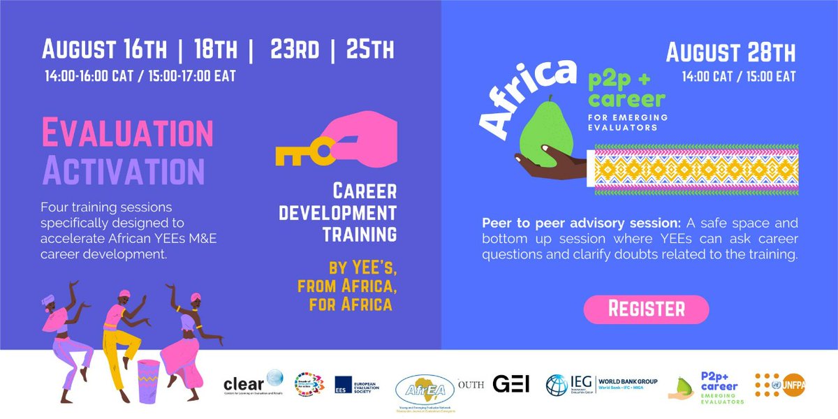 Are you considering a career in evaluation❓ Join our #M&amp;E career training session adapted by African YEEs for African YEEs!
 
📅 August 16th | 18th | 23rd | 25th, 14:00-16:00 CAT / 15:00-17:00 EAT
✍️ Register here: lnkd.in/db_p6rSq  
#Evaluation #CloseTheMandEGap