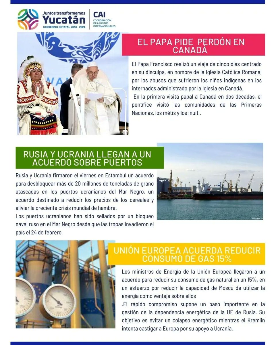 CaiYucatan's tweet photo. Les compartimos la más reciente edición del #BoletínInternacional, con  una recopilación de las #noticiasinternacionales más relevantes a nivel #local y #global https://t.co/WEFOd9YIwp