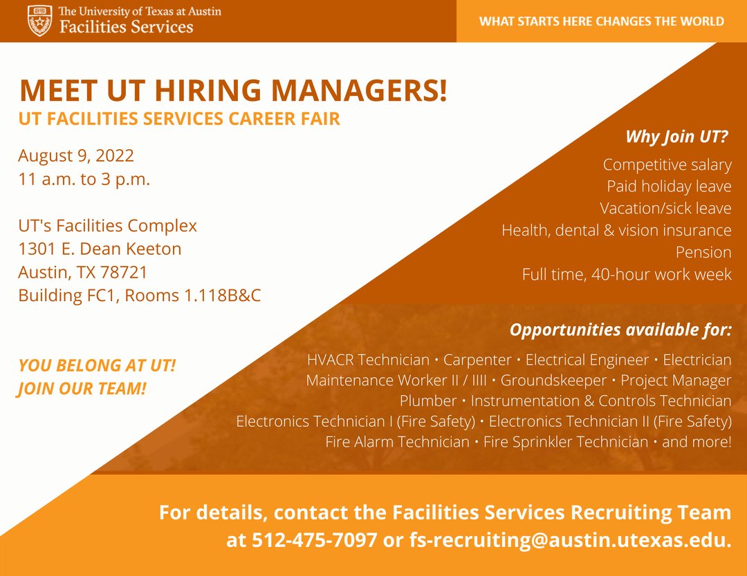 UTSurplus's tweet photo. Save the date! UT Facilities Career fair August 9, 2022!
🤘#utjobs #JobsatUT #careerfair https://t.co/yWrCwlhK9K