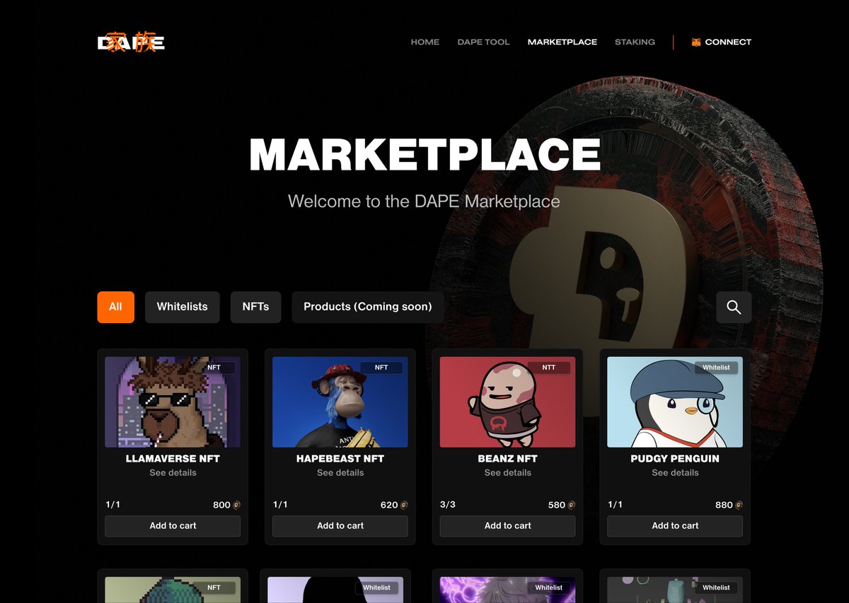 DAPE Marketplace's launch date is official: August 4th, 2022! 🎉 Our holders can buy some of the best collections as first items using $DAPE Token, including: - 1 @Llamaverse_ - 1 @pudgypenguins - 2 @HAPEsocial - 3 @AzukiOfficial Beanz - 2 @KaijuKingz! Stay DAPE! ❤️