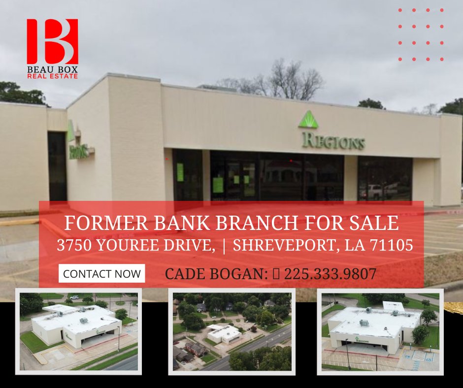 BeauBoxRE's tweet image. ✅Former Bank Branch For Sale
3750 Youree Drive, | Shreveport, LA 71105
Located in Shreveport, LA, less than a mile south of E Kings Highway and 1.80 miles north of East 70th Street.
cutt.ly/jZb87ny
#Shreveport #commercialpropertyforsale #commercialrealestate #beaubox