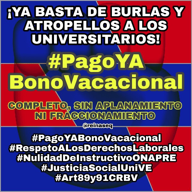 AEAUNET's tweet photo. #100%BonoVacacionalyRecreacionalYa

Exigimos el pago completo del bono vacacional y recreacional, ya basta de injusticia y atropello en contra de los trabajadores universitarios.

La lucha continua.....

@NicolasMaduro 
@TibisayLucena8 
@CELopez1112 
@onapre_oficial https://t.co/Alyz0A8nlE