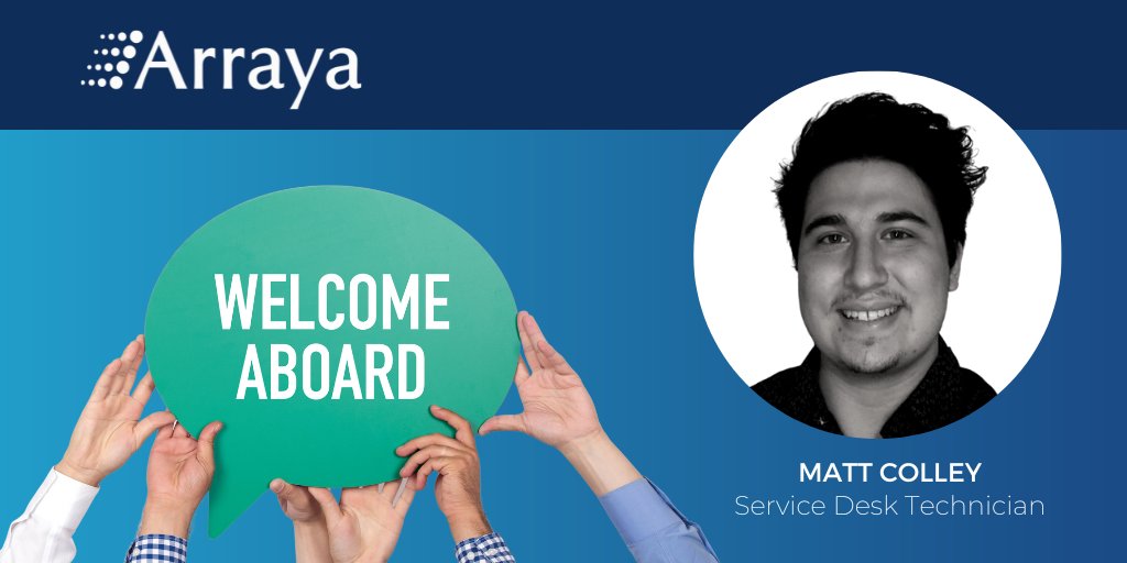 ArrayaSolutions's tweet image. It&apos;s a new week and what better way to get started than by introducing a new team member?

We&apos;re excited to welcome Matthew Colley to the team as a Service Desk Technician. Welcome aboard, Matt!

#ArrayaRocks #MattRocks #TopWorkplaces2022 #BestPlacestoWork #Hiring #TechJobs #Team