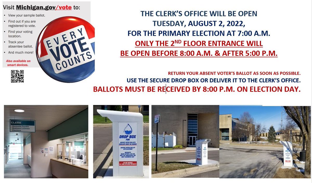 The State Primary Election will be held on Tuesday, August 2, 2022.  

The polls will be open from 7:00 a.m. until 8:00 p.m.  Find your polling location by visiting michigan.gov/vote or calling 248-674-6266. Sample Ballots are available at waterfordmi.gov/elections.