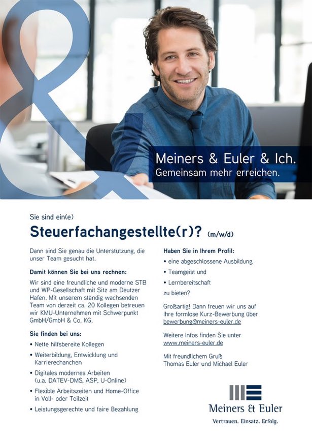 MeinersEuler's tweet image. #Steuerfachangestellte in Köln (m/w/d) gesucht. Schnellbewerbung in 2 Minuten unter bit.ly/3P1g5Dg