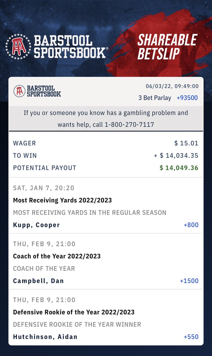 JDLeau's tweet photo. 3 bet parlay with +93500 odds everyone knows the rules ⁦@stoolpresidente⁩ 

#BarstoolSportsBook 
#DetroitLionsBaby https://t.co/xvzlvwFtOk https://t.co/pjR1daCMe6