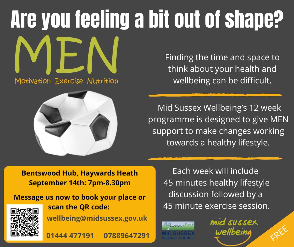 Spaces still available on our #FREE Men Course , starting on the 14th Sept @ #BentswoodHub in #haywardsheath Our MEN programme will give you all the tools and support to a #healthylifestyle.
forms.midsussex.gov.uk/form-36291/wel… #midsussex #sussex  #wellbeing @HHTCNews @Haywards_Heath @BCPHH