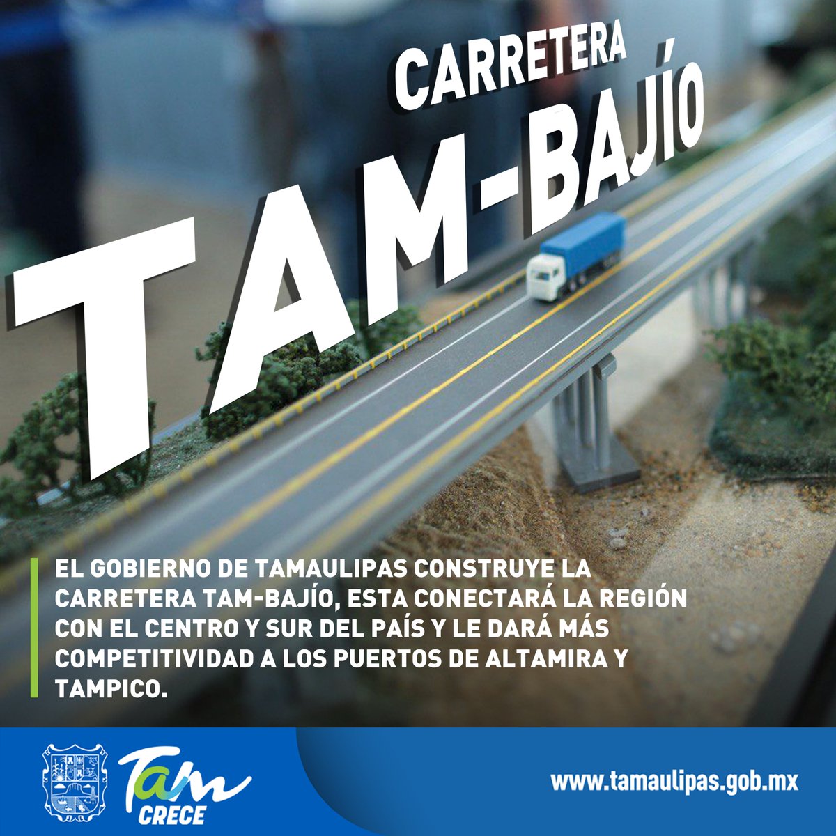 El <a href="/gobtam/">Gobierno Tamaulipas</a> realiza la construcción de la carretera Tam-Bajío,  esta conectará a la entidad con el centro y sur del país y le dará más competitividad a los puertos de #Altamira y #Tampico.