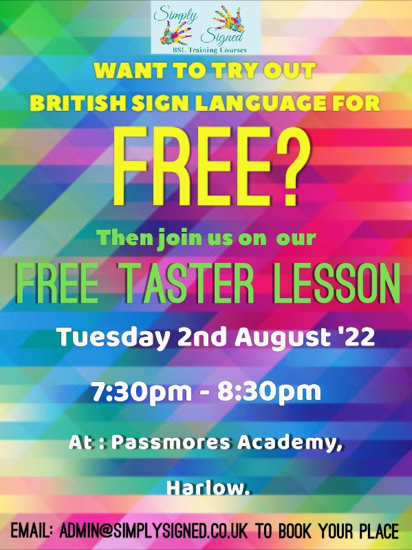 simplysignedbsl's tweet photo. FREE
TOMORROW NIGHT

#BSL #HARLOW #EPPING #ESSEX #HERTFORDSHIRE #STANSTED #LOUGHTON #Chelmsford https://t.co/QSPjrfQsVV
