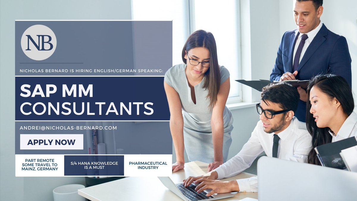 Andrei-Ionut Cernat is working with a pharmaceutical client in #Germany to hire 2x #SAP MM Consultants to start ASAP.

If you have strong SAP MM experience of at least 5 years at L3/L4 with experience of IDOC’s, contact Andrei@nicholas-bernard.com to find out more.