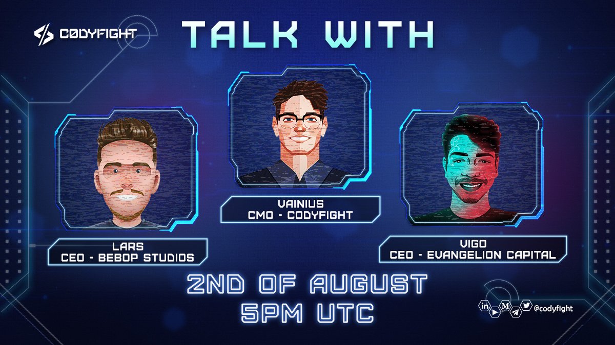 📢 Attention, Earthlings! 

Vigo, CEO of <a href="/EvangelionLabs/">Evangelion</a> and Lars, CEO of <a href="/bebop_studios/">Bebop Studios</a> are landing at the #Codyfight Twitter Space station for a discussion with our CMO - Vainius! 🤩

📅 Join us Live tomorrow, 2nd of August
⏰ 5 pm UTC 

#Metaverse #NFT $CTOK #NFTgame #GameFi